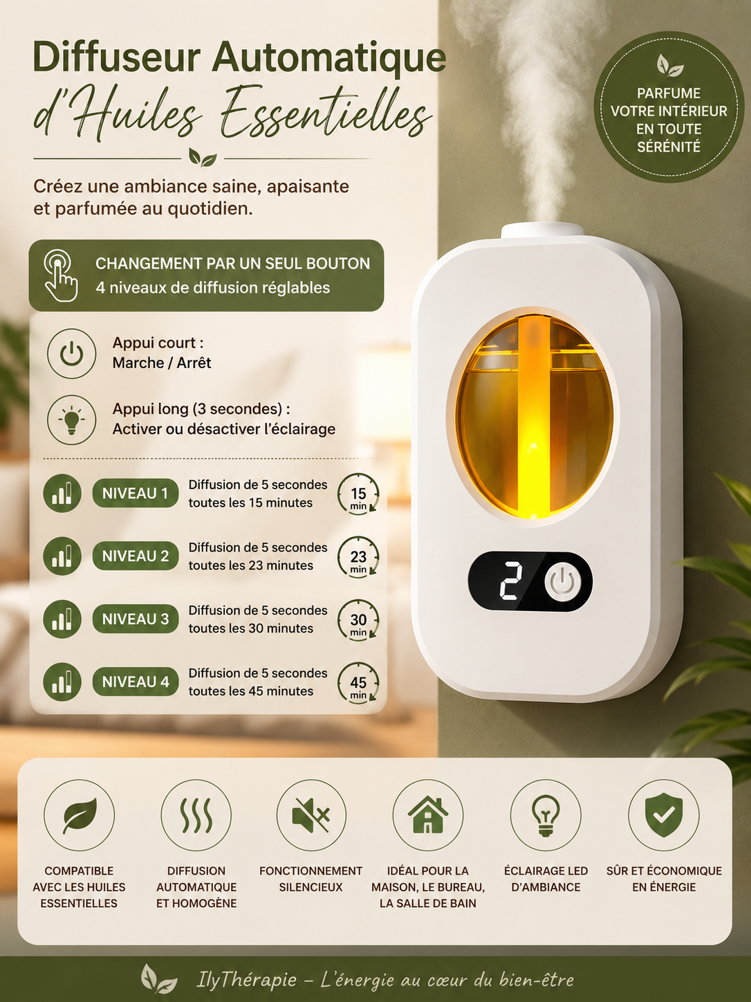 Diffuseur Automatique d'Huiles Essentielles – Purificateur d'Air & Aromathérapie