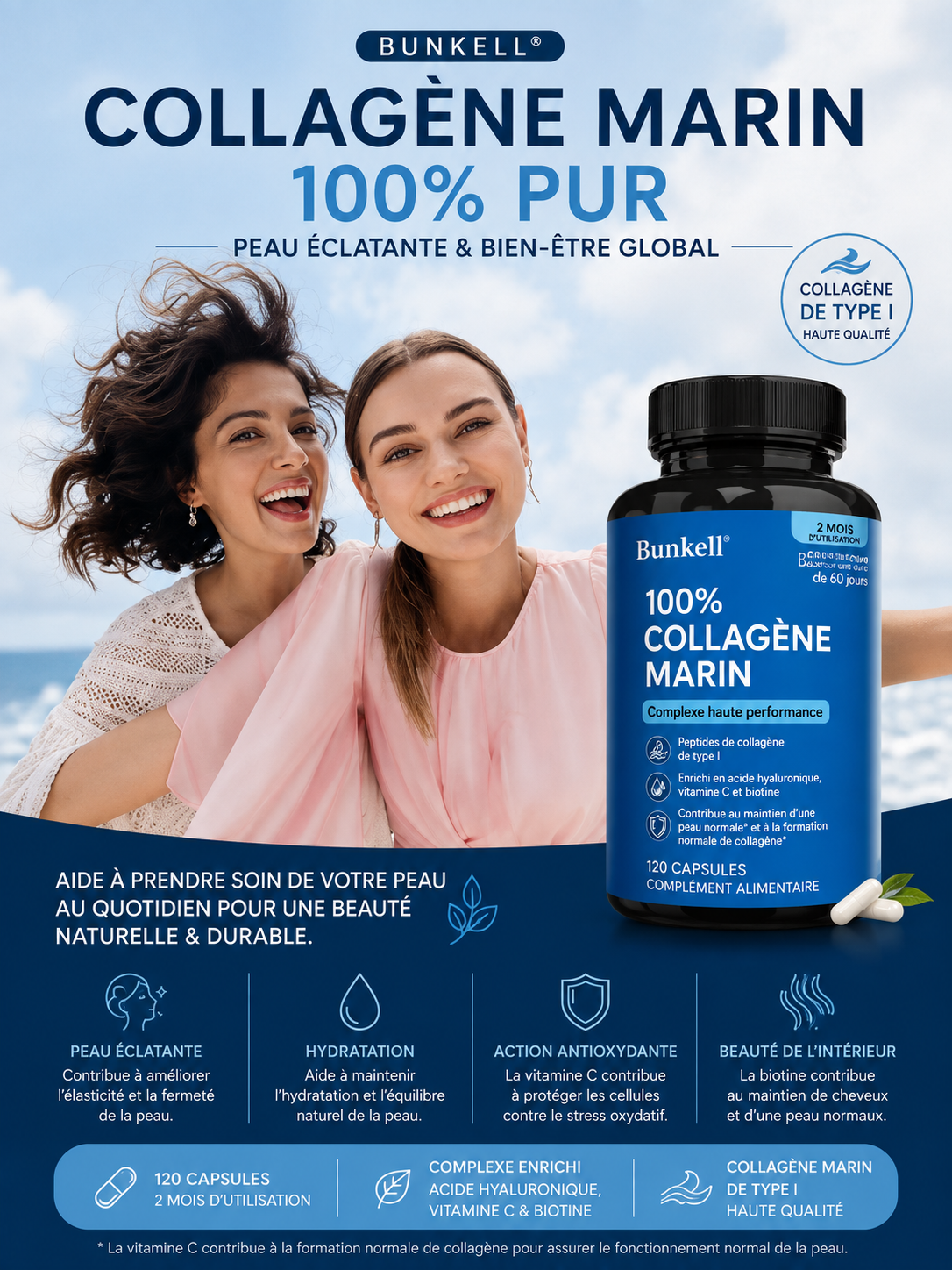 Collagène Marin 100 % – Peptides de Collagène Type I – 120 Capsules