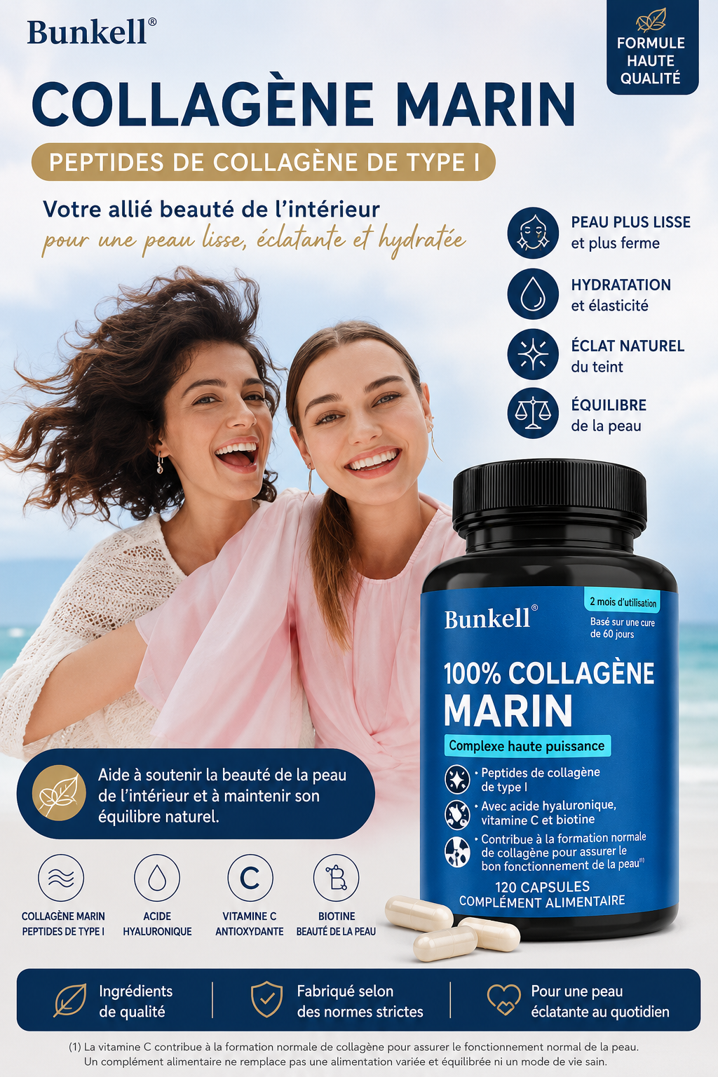 Collagène Marin 100 % – Peptides de Collagène Type I – 120 Capsules